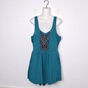Roxy Southwestern Embroidered Romper Sz M Open Back Pockets Boho Beachwear
